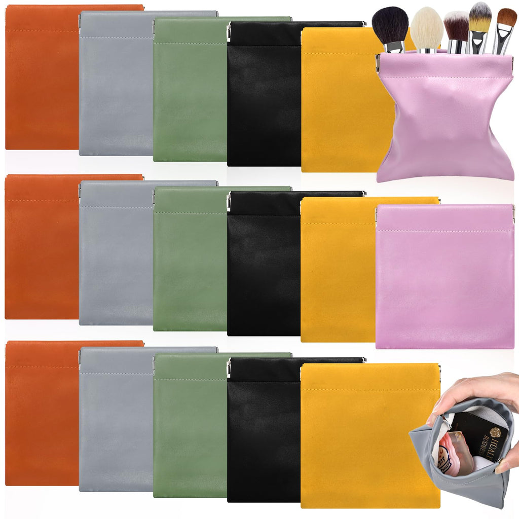 WRINGKIT 18 Pcs Snap Closure Pouches, Small 4.7 Inch Squeeze Coin Purse Pouch, Waterproof Portable Mini Makeup Bag, No Zipper Self-Closing Pocket Cosmetic Bag for Women Jewelry Lipstick Headphones