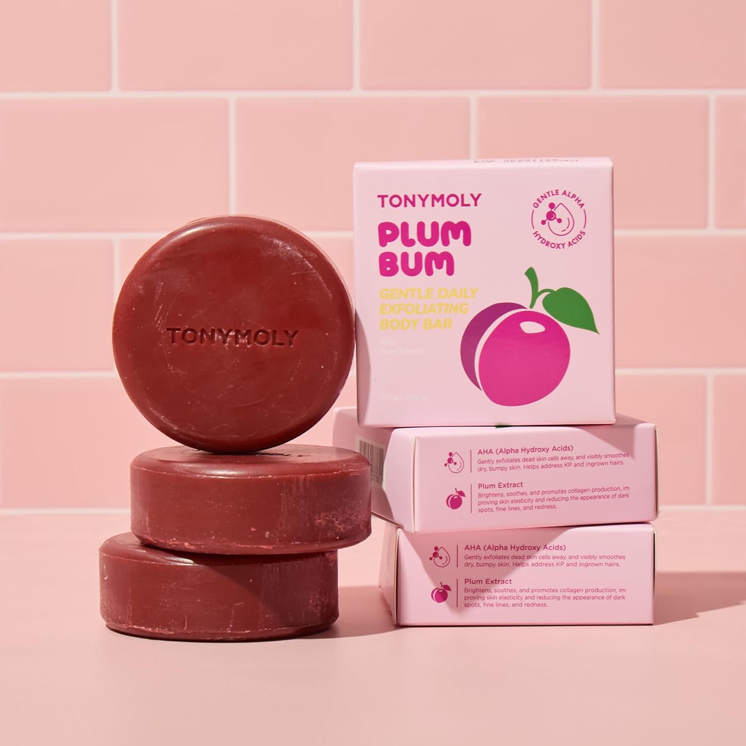 TONYMOLY AHA Exfoliating Body Bar - Gentle Daily Buffing Soap with Plum & Cica Extract for Soft Skin