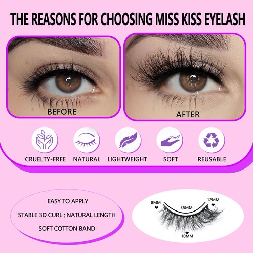 Miss Kiss 6 Pairs Lashes, Cat Eye Natural Look Volume Spike Lash, Soft Fluffy Faux Mink Eyelashes, Wispy Manga Russian C Curl Eye Lash, 3D False Lashes Strip 12 MM