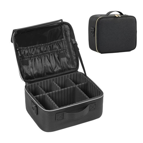 Makeup Travel Case, 12 Inch Makeup Organizer Bag with Compartment and Dividers, Portable Cosmetic Bag for Women with Brush Storage Sturdy Dual Zip Closure, Waterproof, Durable, Gift for Her, Black
