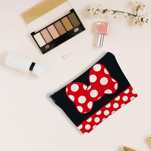 AMHGLW Makeup Bag For Woman,Makeup Bag Organizer,Cosmetic Pouch-Multifunctional Toiletry Bag-Red & White Speckle Bow Cartoon Print Canvas Zipper Cosmetic Bag-Gift For Family & Friends-A19