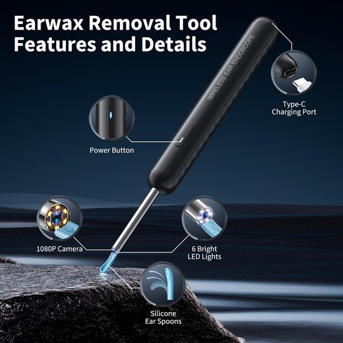 AIFINI Ear Wax Removal, Ear Cleaner with Camera and Light, FSA - HSA Eligible, Ear Wax Removal Tool Camera with 1080P, Ear Cleaning Kit with 6 Spoons, Otoscope for iOS & Android (Black)