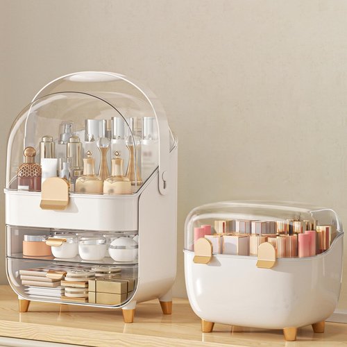Makeup Organizer with Lipstick Holder, Skincare Organizers Storage Box Cosmetic Display Cases, Teen Girl Gifts Make up Organizers for Vanity, Dresser, Countertop, Bathroom(Rose Gold)