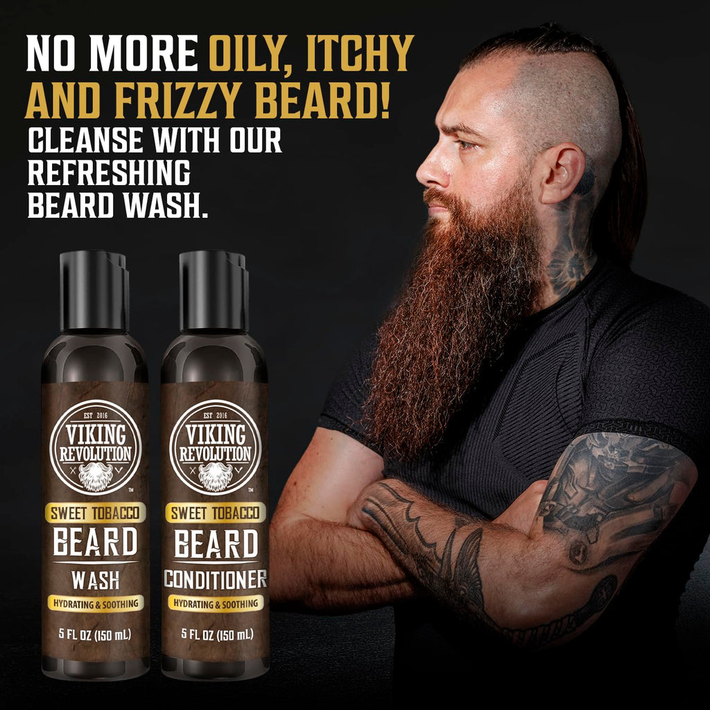 Viking Revolution Beard Wash and Beard Conditioner for Men with Argan Oil and Jojoba Oil - Beard Softener and Strengthener Beard Care Beard Shampoo and Conditioner with Beard Oil (5oz, Sweet Tobacco)