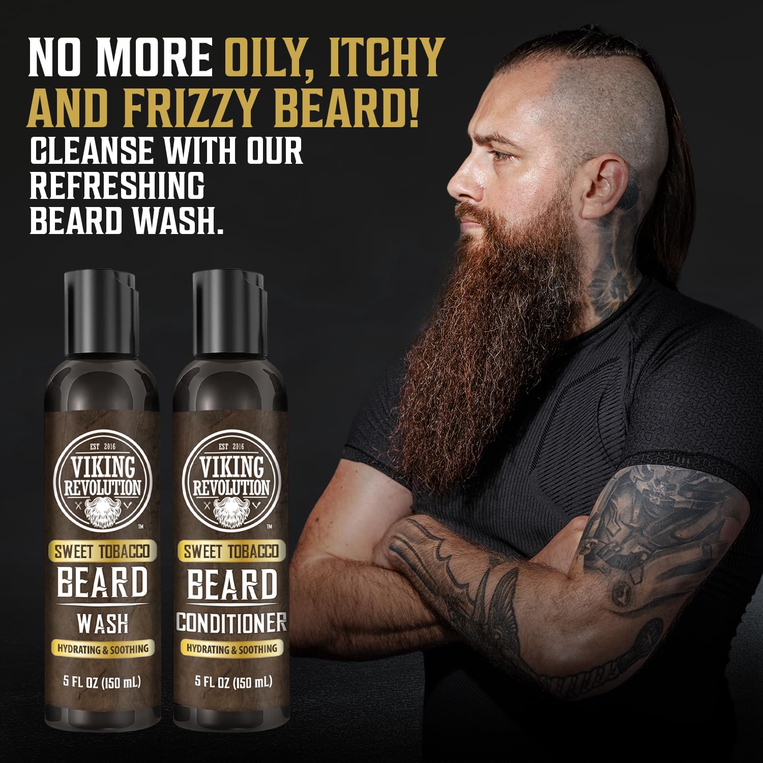 Viking Revolution Beard Wash and Beard Conditioner for Men with Argan Oil and Jojoba Oil - Beard Softener and Strengthener Beard Care Beard Shampoo and Conditioner with Beard Oil (5oz, Sweet Tobacco)