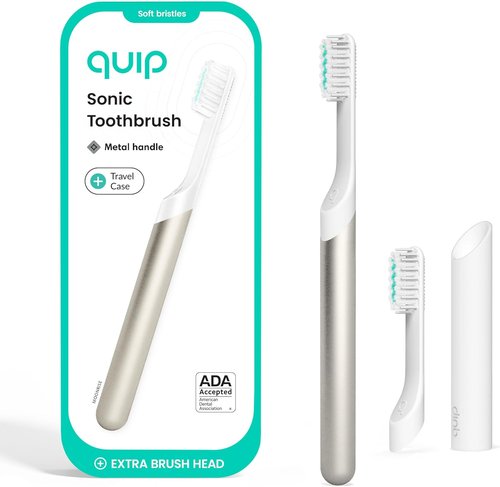 Quip Metal Sonic Electric Toothbrush - Soft Bristles, Travel Case & 3-Month Battery Life | Moonlight Champagne