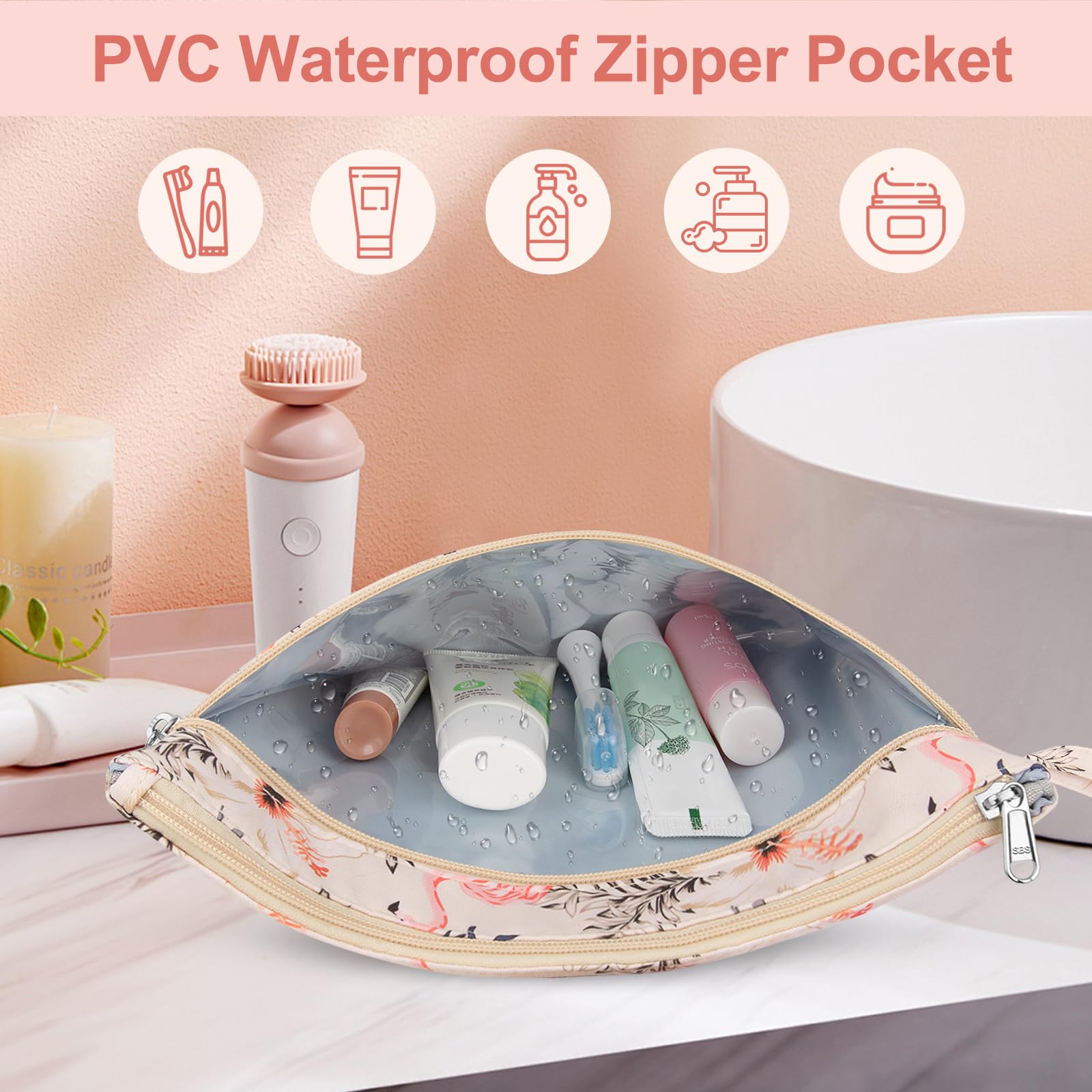 ZENTREON Makeup Bag for Purse Zipper Toiletry Travel Bag, Large Floral Cute Makeup Bag Tool Pouch Birthday Christmas Gifts for Women Girls Sister Friends, Make Up Bags with Dry-wet Compartment