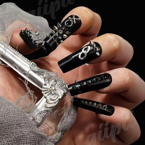 qiipii Metallic Black Silver 3D Mini Metal Punk Bullet Rivet Nail Charms Flat Bottomed Alloy Pointed Cone Spike Nail Art Rhinestones Pearls Gems Studs Steel Beads Balls for Acrylic Nails Goth Manicure