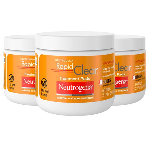 Neutrogena Rapid Clear Maximum Strength Acne Face Pads with 2% Salicylic Acid Acne Medication to Help Fight Breakouts, Oil-Free Facial Cleansing Pads for Acne-Prone Skin, 3 Pack