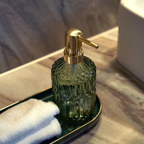 Osfvn Glass Soap Dispenser Green Bottle Gold Plastic Pump Refillable Kitchen Sink Countertop Hand Dish Dispensers