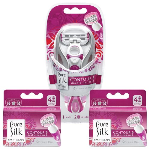 Pure Silk Women's Shaving Kit, Contour 6 Premium System Razor, Includes Razor Handle, 10 Contour 6 Blade Cartridge Refills, Shower Tray
