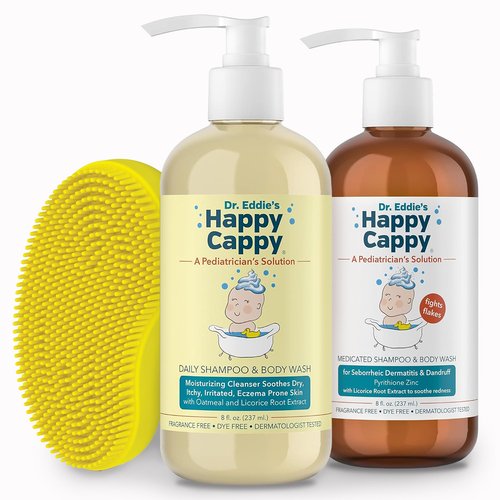 Happy Cappy Medicated and Daily Shampoo and Beanie Brush Bundle - Baby Dandruff Shampoo, Cradle Cap Brush for Babies, Toddlers, Helps Cradle Cap and Seborrheic Dermatitis, Fragrance-Free - 3 Pieces