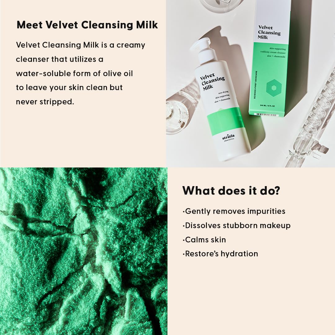 Stratia Velvet Cleansing Milk - Gentle Moisturizing Face Cleanser with Chamomile & Aloe Vera | 4 Fl Oz