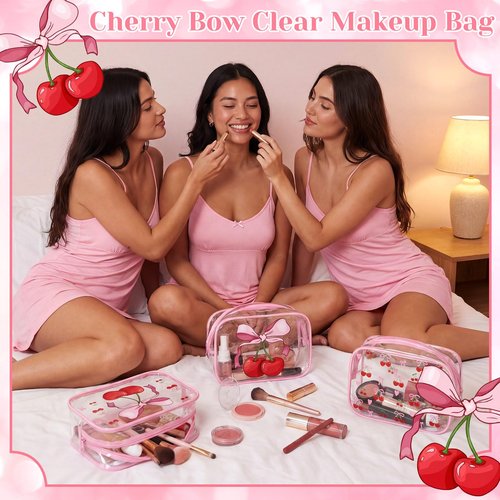 Kacctyen 10 Pcs Pink Cherry Bow Makeup Bags Bulk Gifts for Girl Women Birthday Party Favors Coquette Pastel Bow PVC Clear Cosmetic Bags Waterproof Travel Toiletry Pouch for Party Favors
