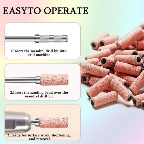 ERUIKA 100pcs Nail Drill Bits Small Sanding Bands with 3.1mm Mandrel Bit, 240 Extra Fine Grit Nail File Sanding Bands for Acrylic Nails Gel Removing Shaping Manicures and Pedicure (Pink, 240 Grit)