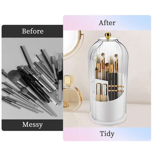 Makeup Brush Holder Organizer, 360 Rotating Makeup Brush Holder, Dustproof Waterproof Material & with 3 Compartments for Organized Storage, Dressing Tables Clear Storage Skincare Cosmetic (White)
