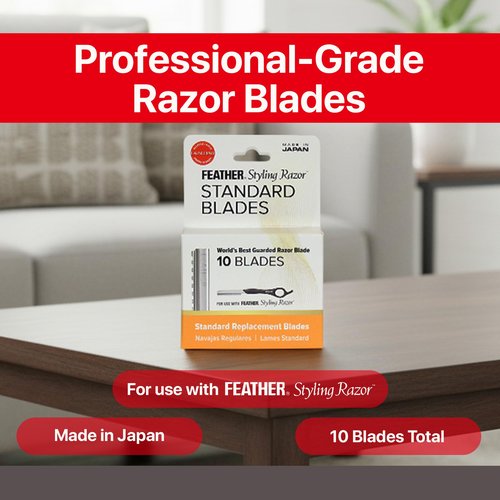 Feather Styling Razor Standard Blades - Professional Hair Cutting Blades for Styling, Shaping, Feathering, & Thinning - Stainless Steel Single Edge Guarded Blade - Made in Japan - Refill Pack - 10 Ct