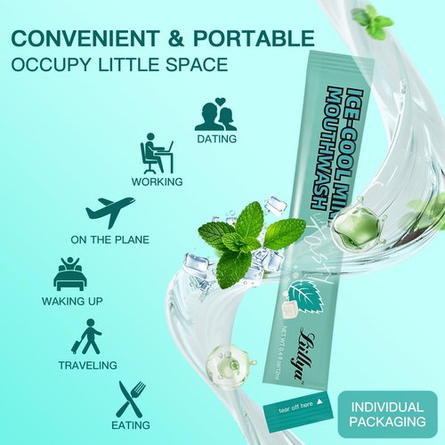 Liillya Mouthwash Travel Size, Individual Mini Mouthwash Alcohol Free, Cool Mint for Fresh Breath, Oral Care, Teeth & Gum Health, TSA Compliant, Portable Packets to Go, 0.41 Fl Oz x 20 Packs