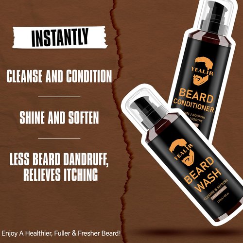 Beard Wash and Conditioner & Silicone Beard Brush Set w/Argan & Jojoba Oils - Reduce Beard Itchy, Dandruff, Beard Shampoo, Softens & Strengthens & Shine - 2 x 4 Fl Oz 120ML