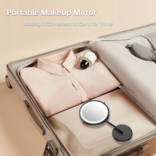 mumianshu Folding Travel Makeup Mirror with Lights and Magnification,7” Double Sided 1X/10X Lighted Magnifying Mirror with Rechargeable Battery,Brightness Adjustable,3 Color Lighting, Black