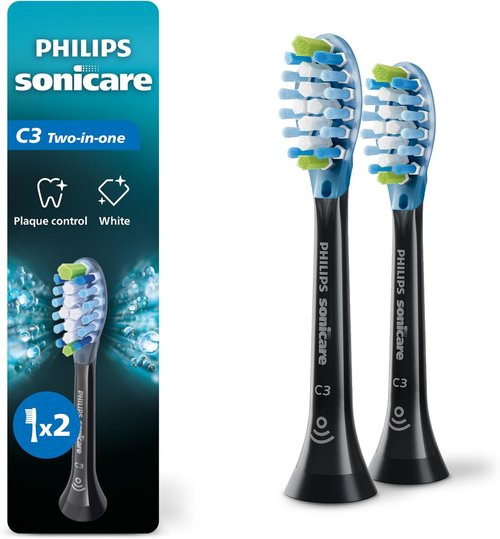 Philips Sonicare C3 Replacement Electric Toothbrush Heads - Two-in-One, Black, 2 Pack, HX9042/95