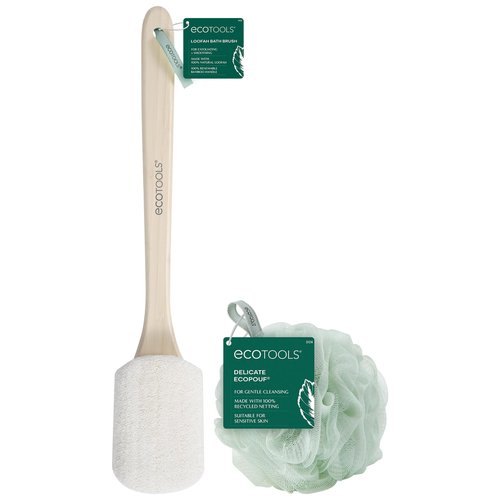 EcoTools Loofah Bath Brush with Long, Ergonomic Bamboo Handle + Green Delicate EcoPouf Made with Recycled Netting for Cleansing & Exfoliating Sensitive Skin, Self-Care Gifts