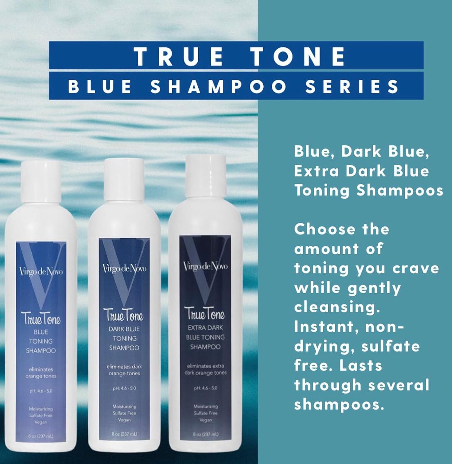 Virgo de Novo Extra Dark Blue Toning Shampoo - Neutralizes Brassy Tones in Lightened Hair | 8 oz, Vegan & Sulfate-Free