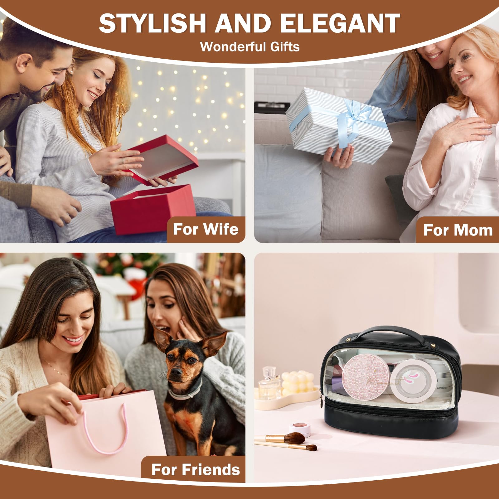 Yowivon Black Makeup Bag Organizer Travel Clear Cosmetic Bags for Women, Leather Waterproof Travel Size Skincare Make Up Bag Toiletry Bag, Graduation Birthday Gifts for Women Girls