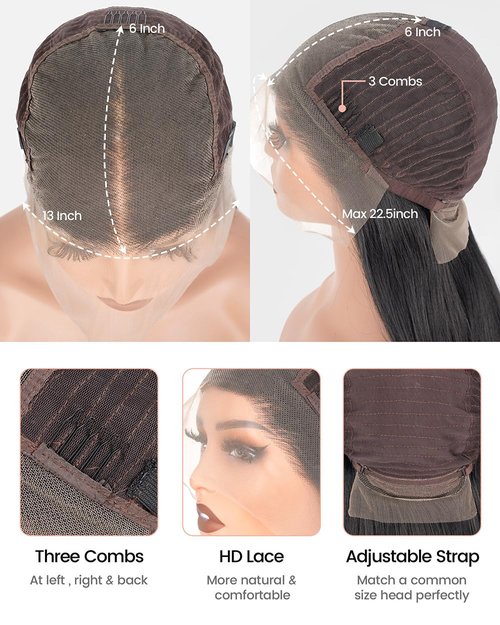 13x6 Lace Front Wigs Straight HD Lace Front Wigs Natural Black Straight Glueless Wigs Synthetic Pre Plucked Layer Frontal Lace Wigs for Women (Natural Black, 22inch)