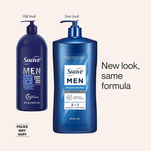 Suave Men Ocean Charge 2-in-1 Shampoo & Conditioner - Hydrating Pro Vitamin B5 Formula, Ocean Fresh Scent, 40 FL OZ Pump