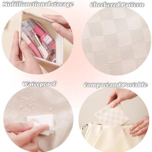 LYDZTION 2 Pieces Checkered Leather Makeup Bag Set for Women, Portable Cosmetic Bag Travel Toiletry Bag Organizer Waterproof Small Makeup Bag Aesthetic Accessories Storage Bag for Women-White
