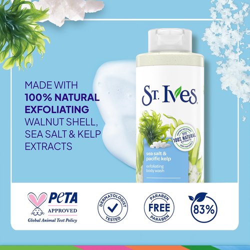 St. Ives Body Wash, Sea Salt & Pacific Kelp Exfoliating Shower Gel 2-Pack, 100% Natural Extracts, Cruelty-Free, 22 Oz Ea