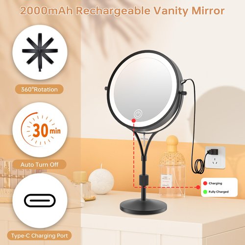 Keilefo Lighted Makeup Mirror with Magnification, 1x/10x Magnifying Mirror with 3 Color and Blessed Cross, 7" Rechargeable Brightness Dimmable Height Adjustable Vanity Mirror, Christian Women Gift