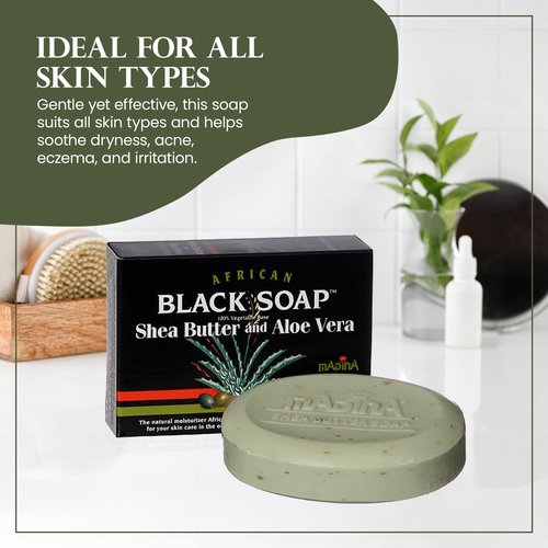 Madina African Black Soap Bar – Shea Butter, Aloe Vera, Moisturizing, Gentle Exfoliating, 100% Vegetable-Based, For All Skin Types, Face & Body Cleanser, 6 Pack (3.5 oz Each)