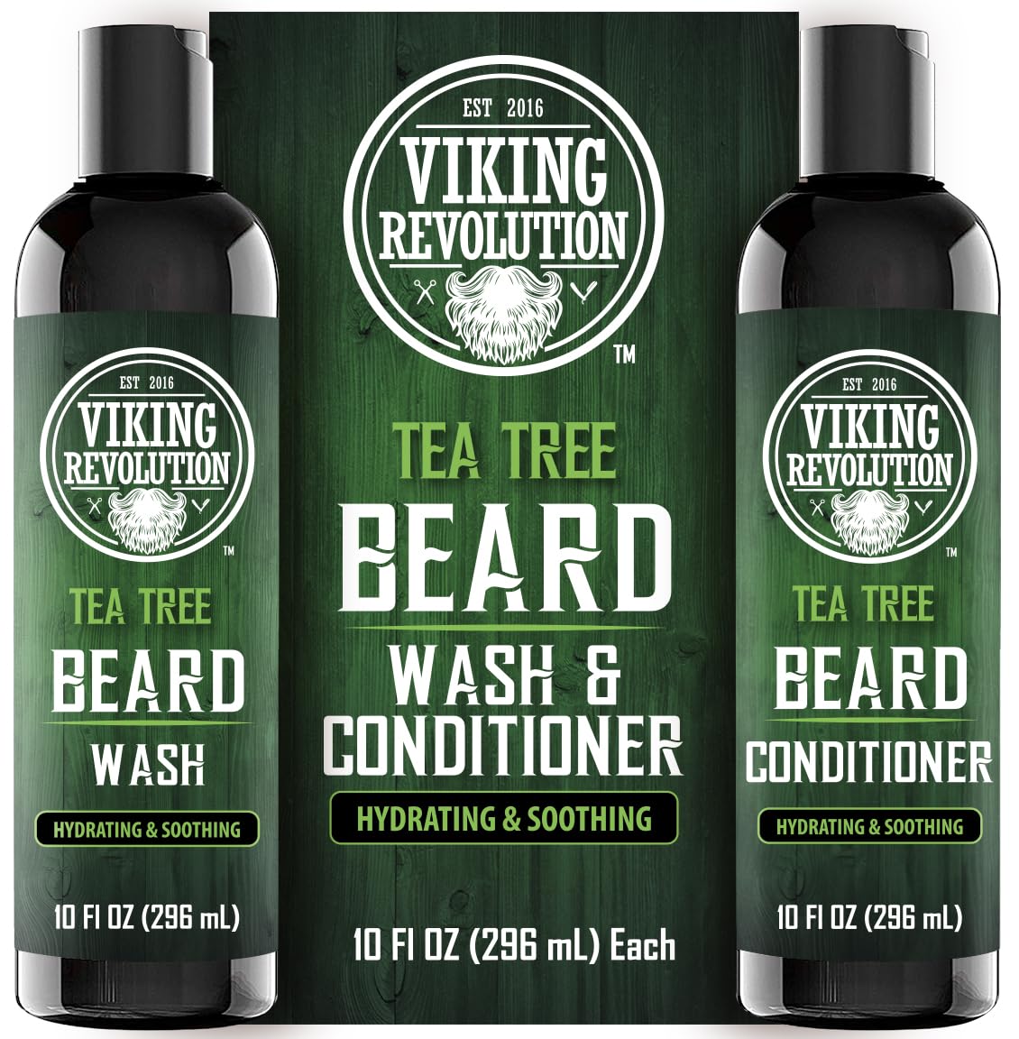Viking Revolution Tea Tree Oil Beard Wash and Beard Conditioner For Men - Natural Beard Softener Set with Argan Oil, Vitamin E and Ginseng - Tea Tree Beard Shampoo and Conditioner Set (10 Oz)