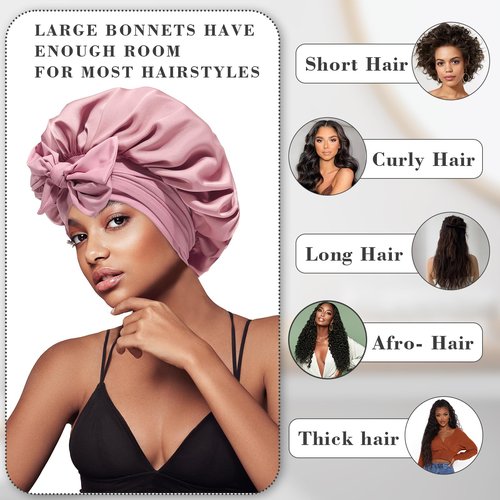 HAIMEIKANG Satin Bonnet for Women Silk Hair Bonnets for Sleeping Large Bonnets with Tie Band Night Cap Sleep Cap for Women Curly Night Cap(Bean Paste Color)