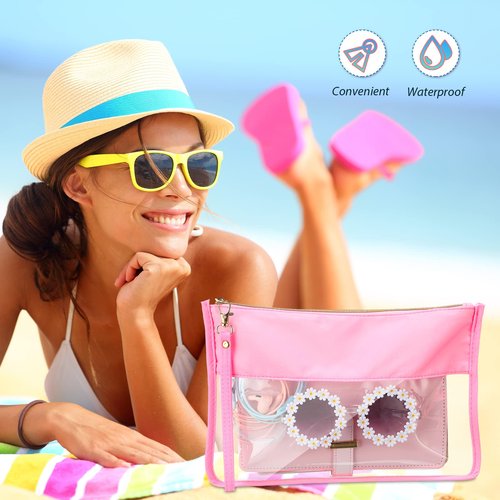 Sanwuta 3 Pcs Clear Flat Zipper Pouches for Travel Women, Nylon Waterproof PVC Makeup Snack Bags Set Organizer Portable Storage DIY Chenille Letter Beach Stuff Toiletry Gym(Pink, Green, Blue)