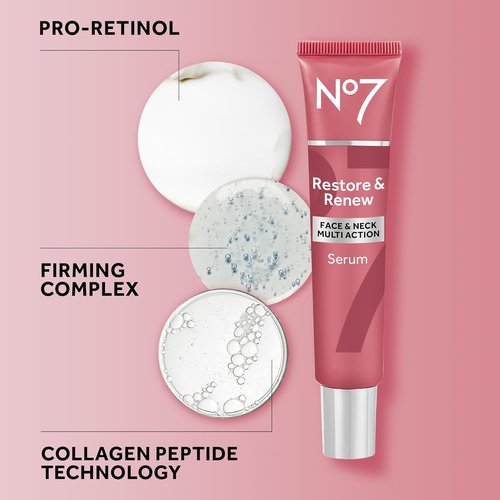 No7 Restore & Renew Multi Action Serum - Anti-Aging Face & Neck Treatment with Collagen Peptides & Hyaluronic Acid (1.69 Oz)