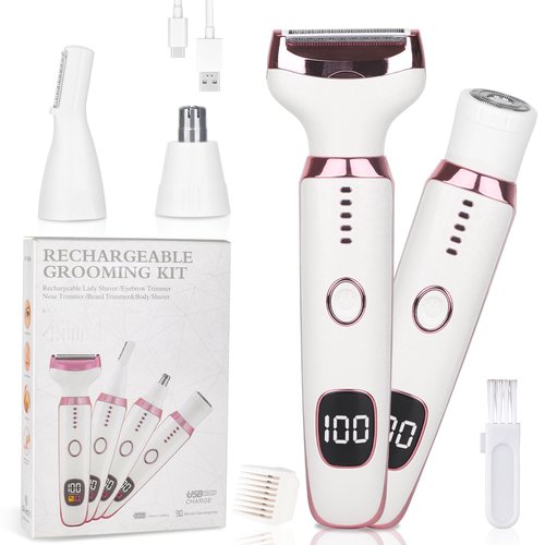Beanify Electric Razor for Women Men,4 in 1 Painless Ladies Wet & Dry Body Razors and Facial Hair Remover,Rechargeable Led Display Hair Removal Kit for Nose Face Body Leg Bikini Arm Hair (Pink)