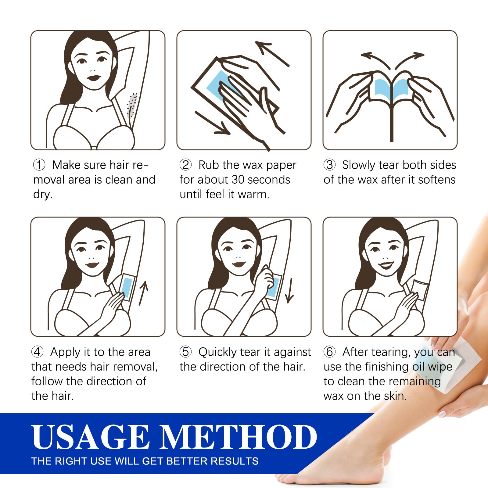 Wax Strips Hair Removal Kit – 60 Wax Strips + 10 Calming Oil Wipes, No Heating Required, Gentle & Effective for Face, Legs, Arms & Underarms, For Sensitive Skin