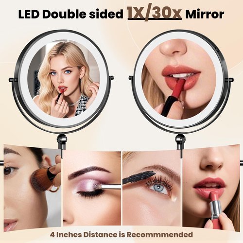 Rocollos Rechargeable Wall Mounted Lighted Makeup Mirror, 8 Inch Double-Sided LED Vanity Mirror 1X/10X Magnification,3 Color Lights Touch Screen Dimmable (Black-30X)