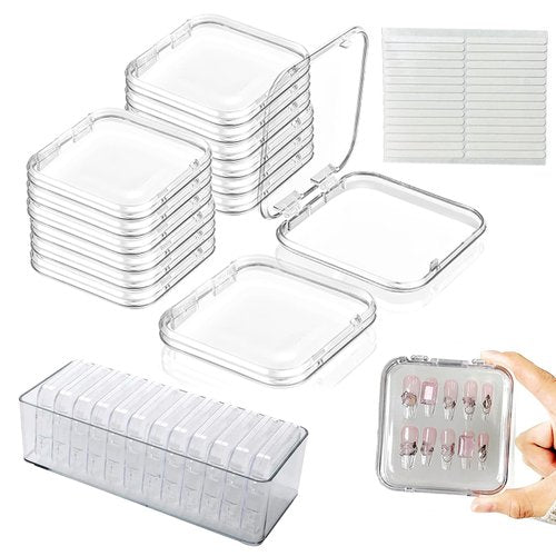 12Pcs Press on Nail Packaging Boxes, False Nail Container Organizer Clear Nail Display Case with 1 All-In-One Acrylic Storage Box and 30pcs Double-sided Adhesive Tape for Nail Art Salon Home Use