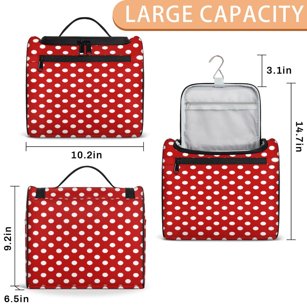 White Polka Dot Red Background Toiletry Bag for Women, Hanging Travel Toiletry Bag, Water-resistant Cosmetic Makeup Organizer for Toiletries and Cosmetics, Bathroom Shower Bag with Handle and Hook