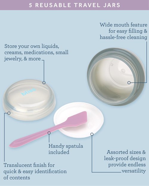 Bliss Travel Containers - 5 Pack Leak Proof Tapered Jar Set with Lid and Spatula - Small Travel Size Containers for Creams Lotions Skincare, Size Onesize, Multi