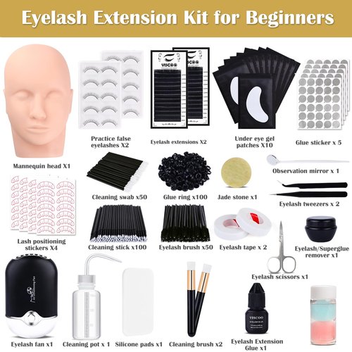 Eyelash Extension Kit for Beginners, Professional Lash Extension Kit with Mannequin Head, Lash Starter Kit with Lash Fan, Lash Extension Supplies for Practice Training Kit(Black)