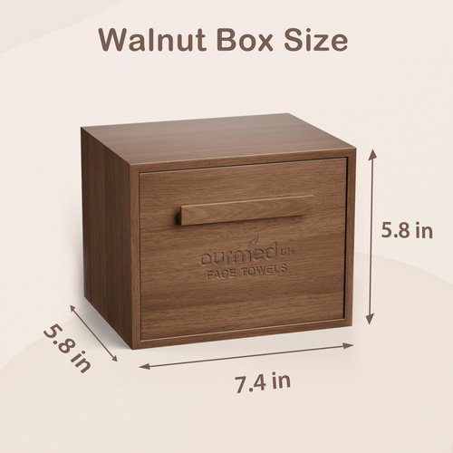 Ourmed Life Walnut Wooden Face Towel Holder Box, Moisture-Resistant Storage Organizer for Bathroom, Includes 50 Ct Disposable Facial Towelettes, 12''x10'' Biodegradable Clean Cloths for Sensitive Skin