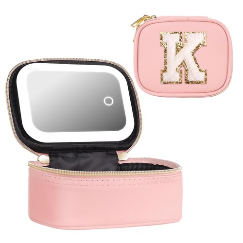 dadop Birthday Gifts For Women Teen Girl, Personalized Preppy Initial Makeup Organizer Bag, 10 11 12 13 14 15 16 17 18 Years Old Girls Gifts, Christmas Travel Gift Cosmetic Bag With LED Mirror - K