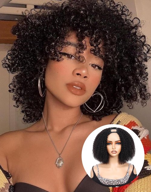 MPS Kinky Curly Human Hair Wigs for Black Women Afro Curly Human Hair 180% Density 12 Inch Full Head Clip in U Part Wigs Human Hair Pre Plucked U Shape Wigs (Natural Black)