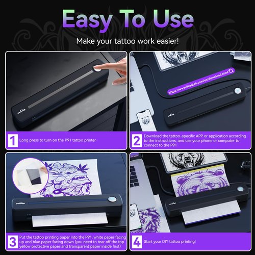 PeriPage Tattoo Stencil Printer, P91 Tattoo Printer Machine, Wireless Thermal Tatoo Printers with Paper, Stencil Machine for Tattooing Compatible with Phone, Tablet, PC