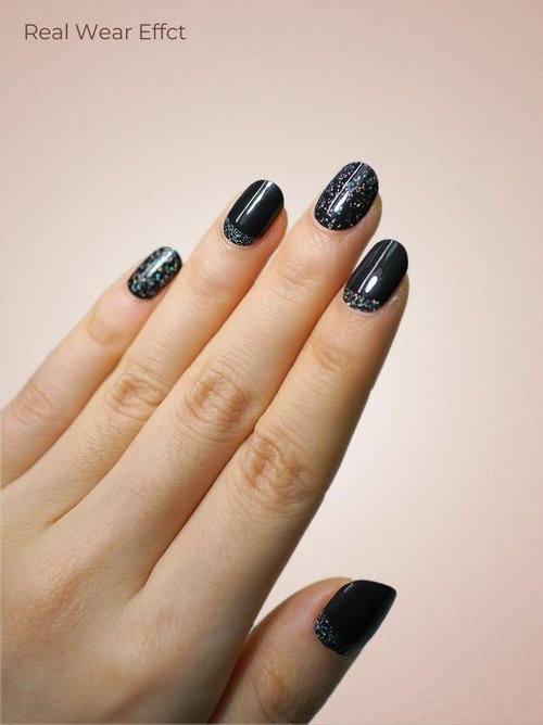 Beaolata Real Gel Nail Strips (No UV Light Needed) - 44Pcs Salon Quality Nail Stickers - Long Lasting Polish Wraps for Women, Easy Apply & Remove (Midnight Shimmer Black)